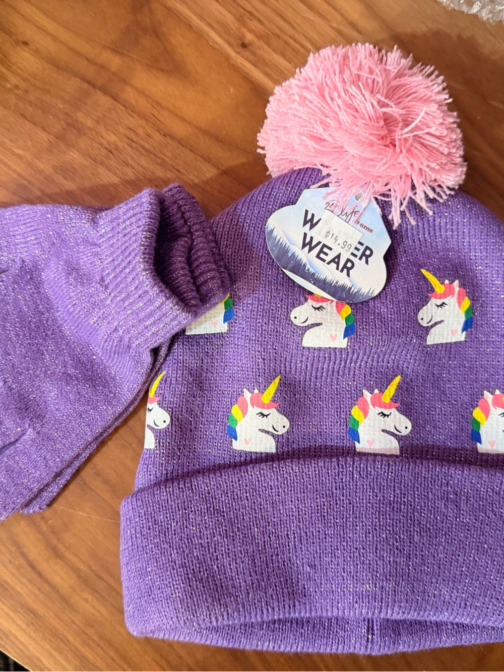 Kids Purple Unicorn Pom Beanie and Glove Set